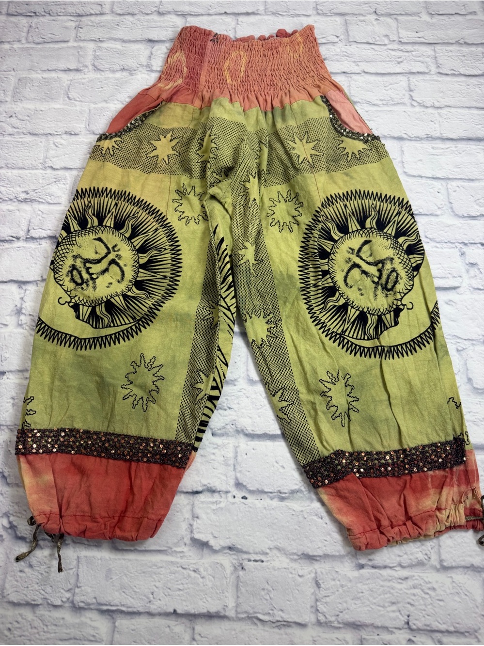 Boho Sun-Print Harem Joggers with Coral Waistband. Size Small
